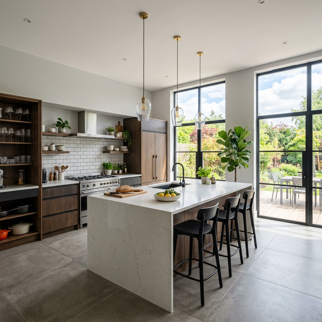 Contemporary kitchen with large island, black stools, and garden windows