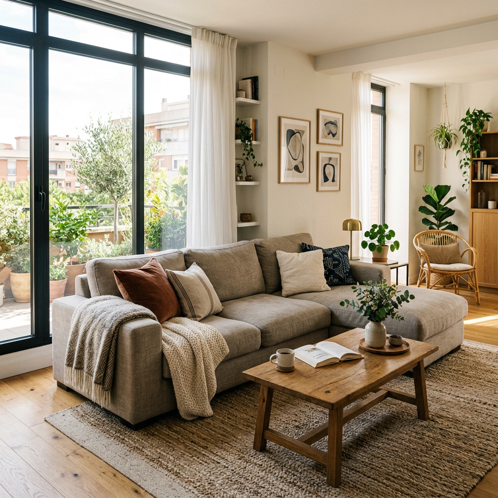 Living room with beige sectional sofa, wooden coffee table, plants, and large windows